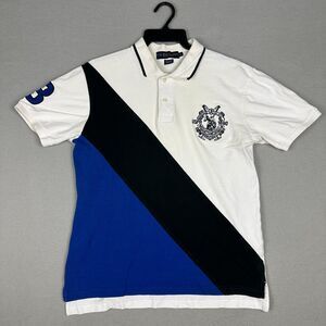U.S. Polo Assn Mens Medium Rib Knit Pique Colorblock Polo Shirt White Blue Black